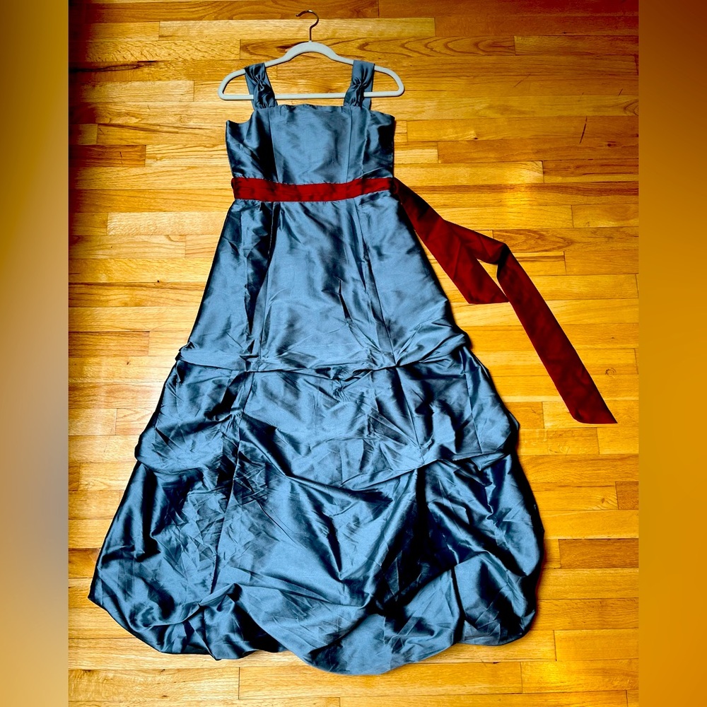 Silvery shimmery ball gown with deep red sash, NWT